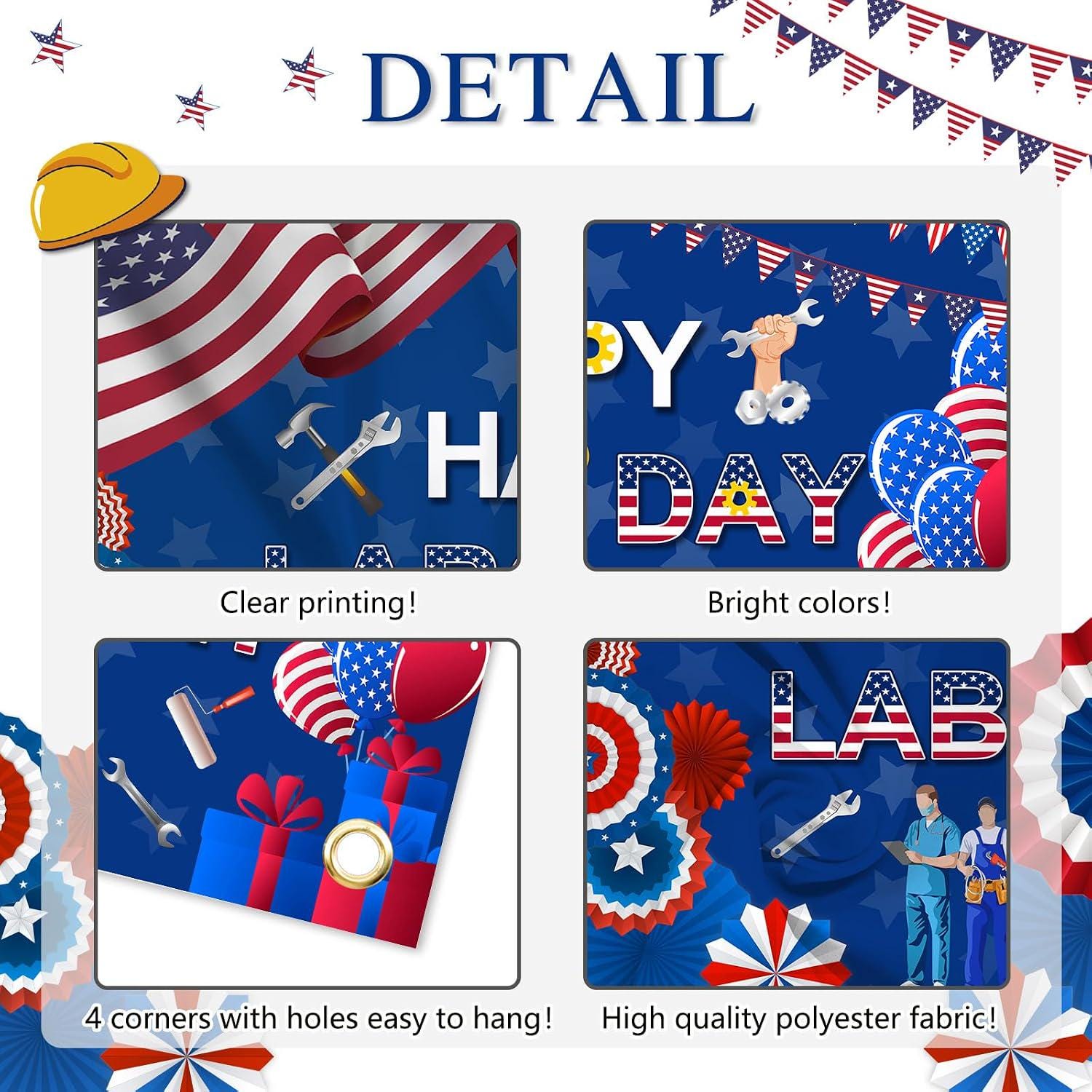 Happy Labor Day Patriotic Banner, Polyester Fabric Backdrop, 6x3.6ft Wall Decor