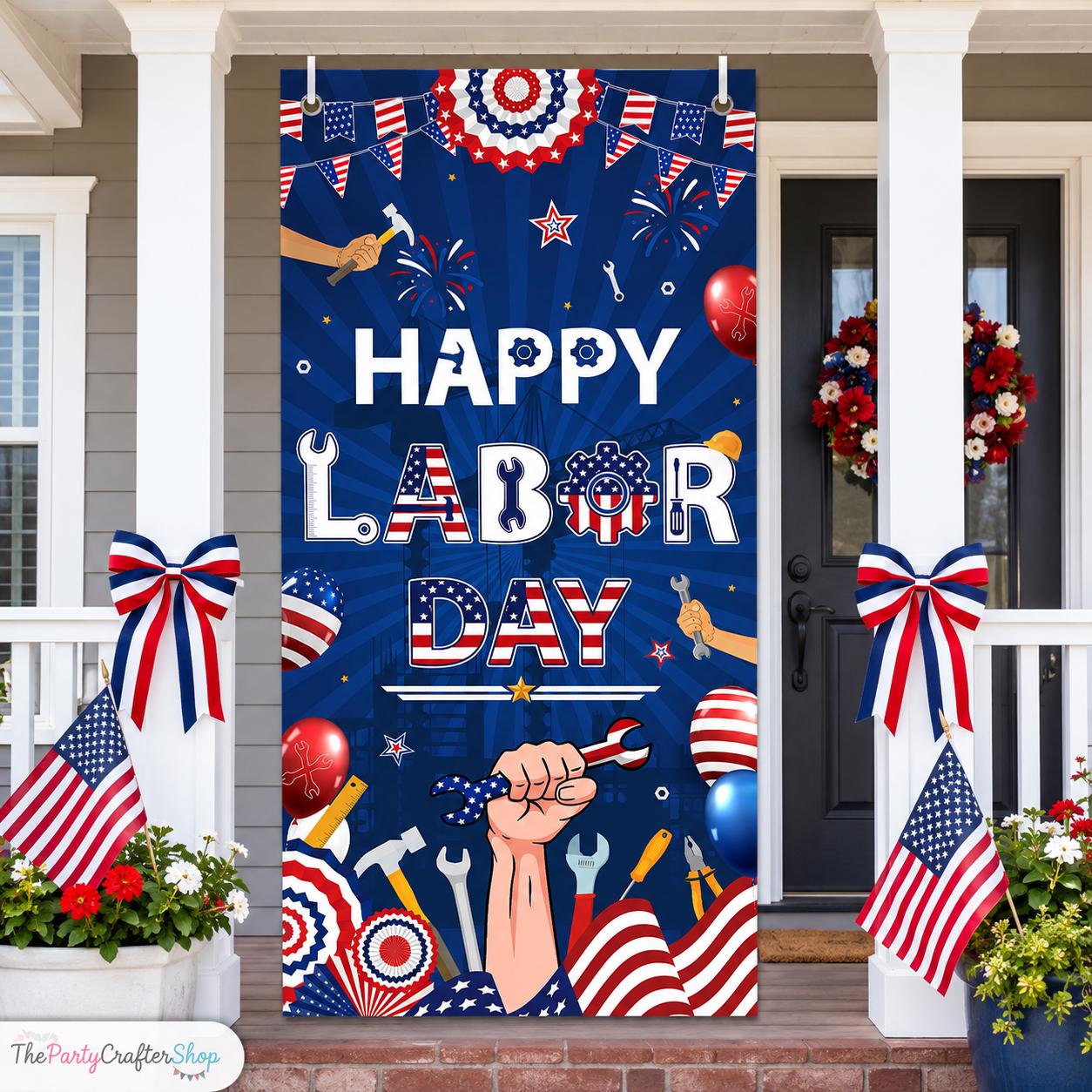 Happy Labor Day Door Cover, Patriotic Worker Tools Banner, Red White Blue Decoration