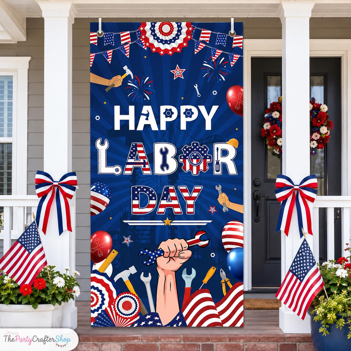Happy Labor Day Door Cover, Patriotic Worker Tools Banner, Red White Blue Decoration