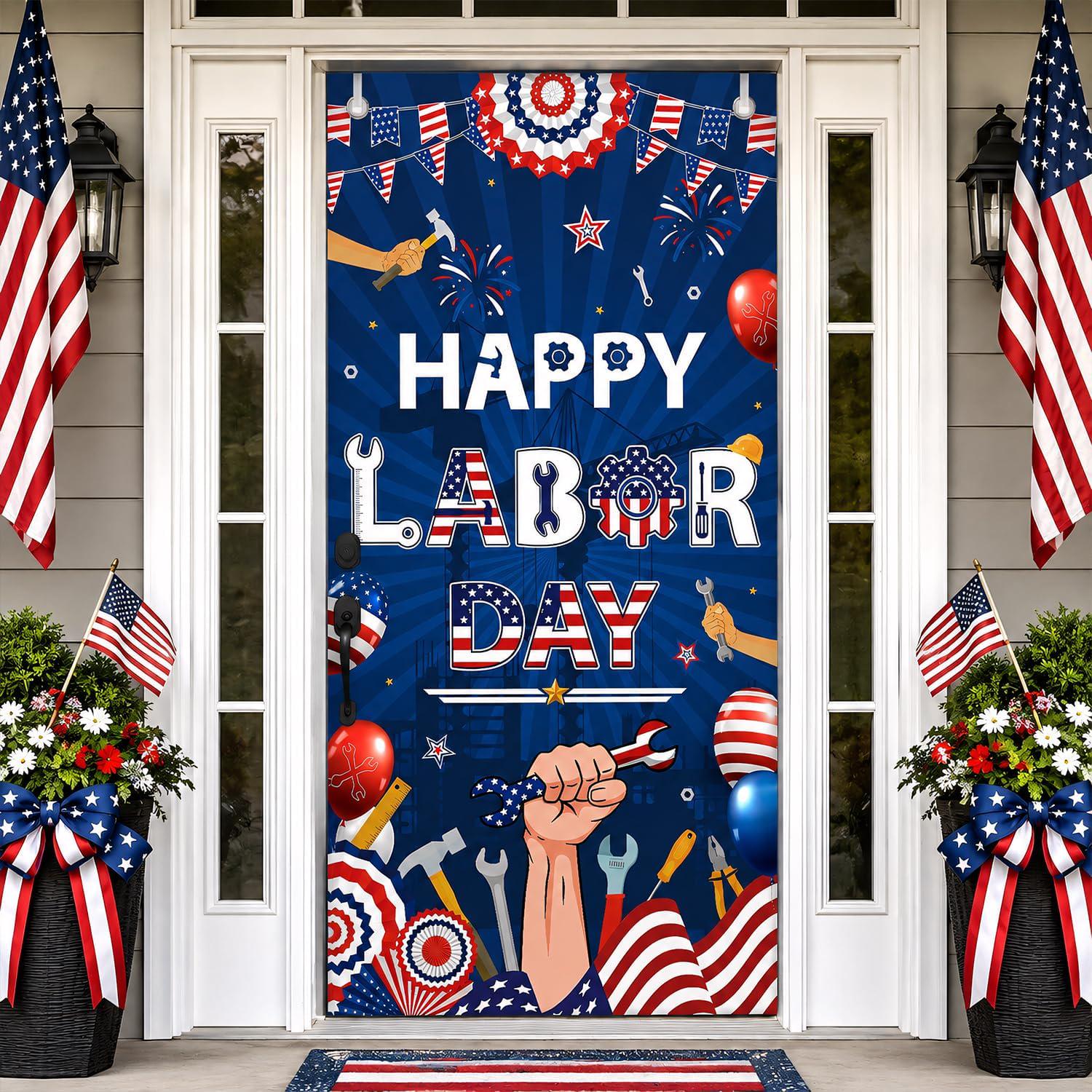 Happy Labor Day Door Cover, Patriotic Worker Tools Banner, Red White Blue Decoration