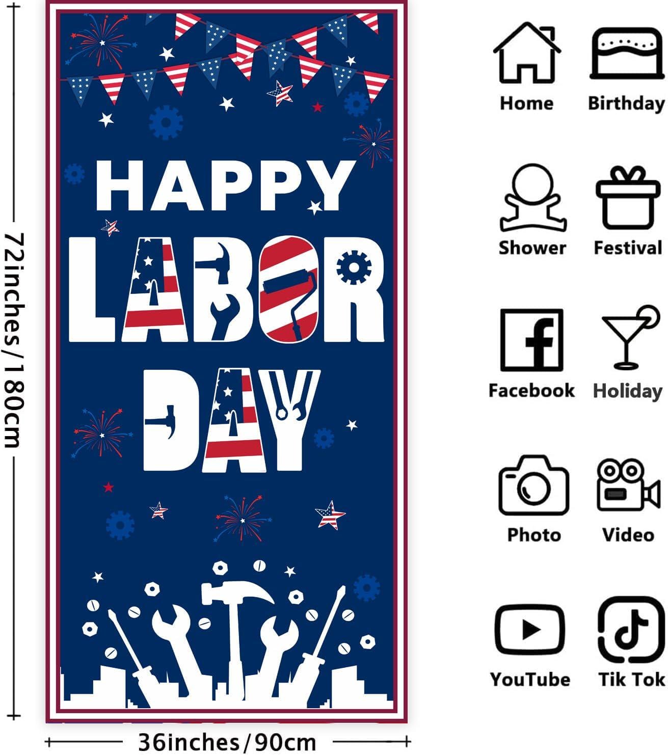 Happy Labor Day Patriotic Door Banner, Porch Sign, Polyester Fabric (72x36 inches)