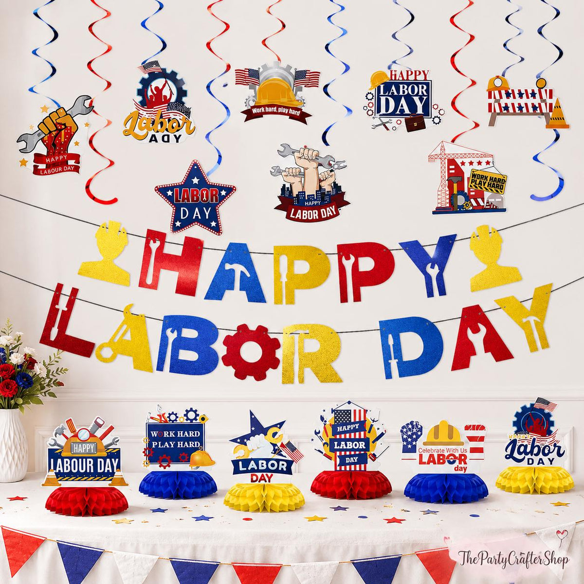 Happy Labor Day Decorations Set, Banner, Honeycomb Centerpieces, Swirls, Garland