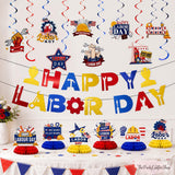 Happy Labor Day Decorations Set, Banner, Honeycomb Centerpieces, Swirls, Garland