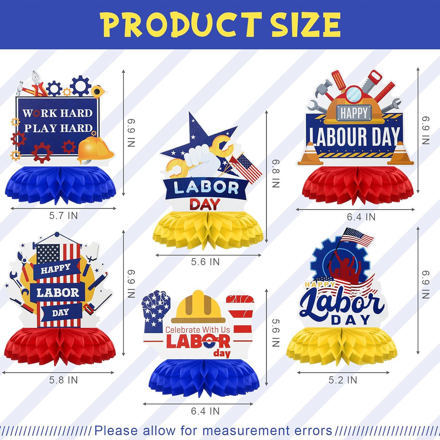 Happy Labor Day Decorations Set, Banner, Honeycomb Centerpieces, Swirls, Garland