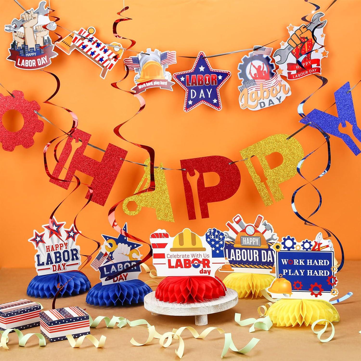 Happy Labor Day Decorations Set, Banner, Honeycomb Centerpieces, Swirls, Garland