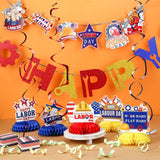 Happy Labor Day Decorations Set, Banner, Honeycomb Centerpieces, Swirls, Garland