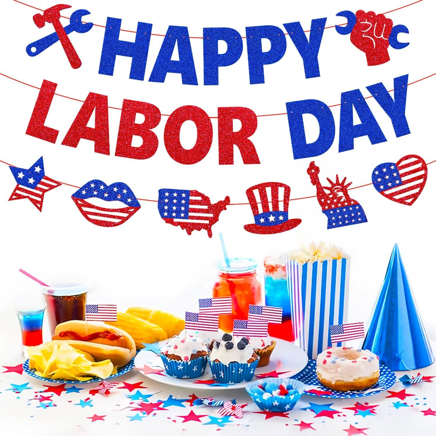 Happy Labor Day Banner, Patriotic Glitter USA Decorations, Office Party Decor