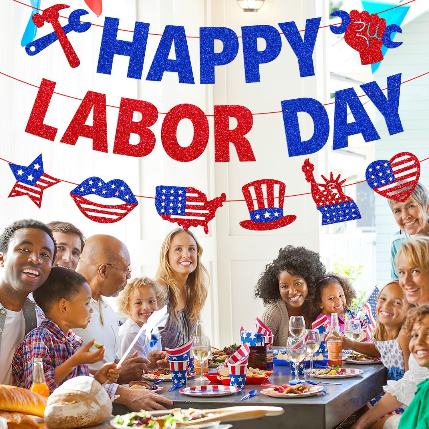 Happy Labor Day Banner, Patriotic Glitter USA Decorations, Office Party Decor