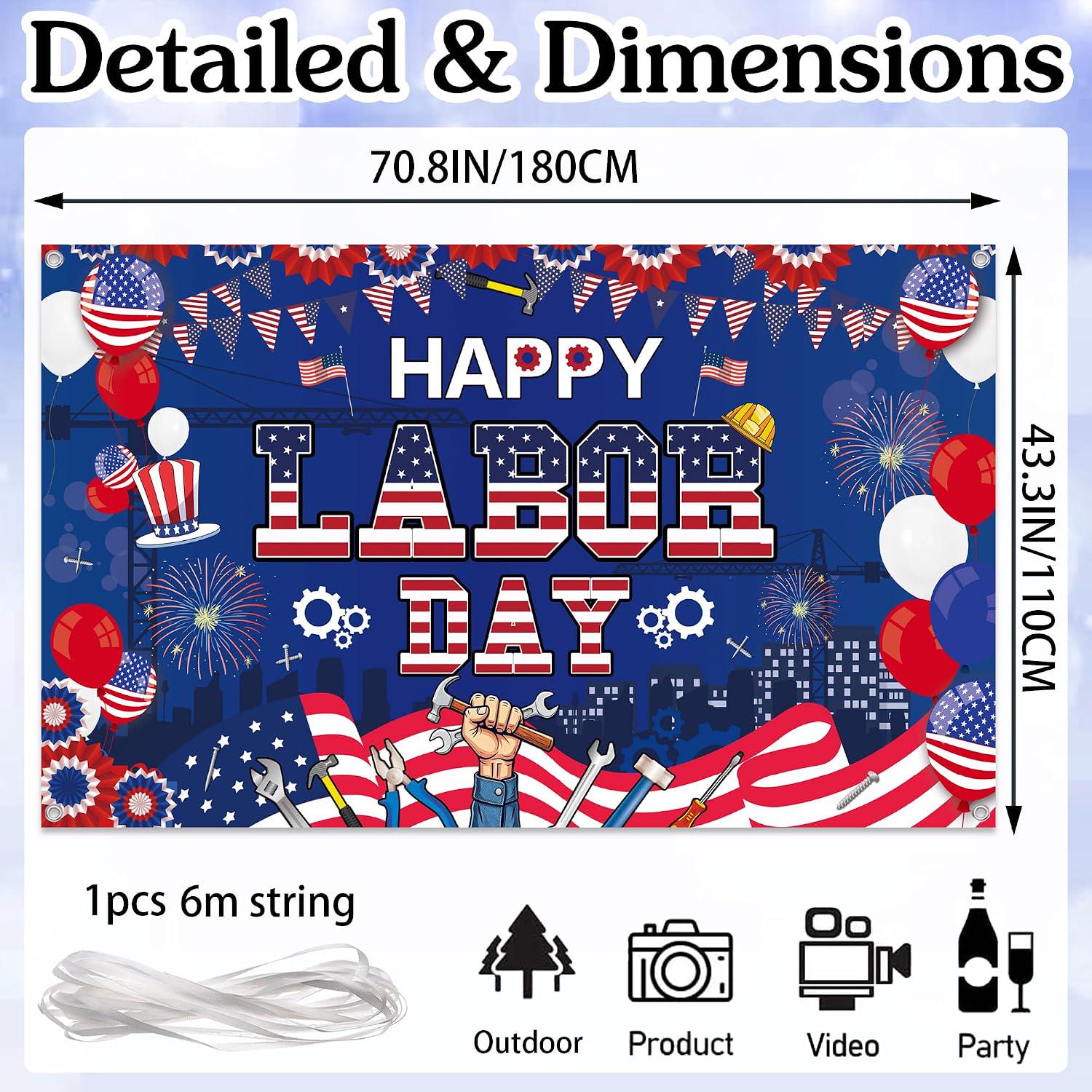 Happy Labor Day Banner, Patriotic American Flag Worker Backdrop, Party Decorations