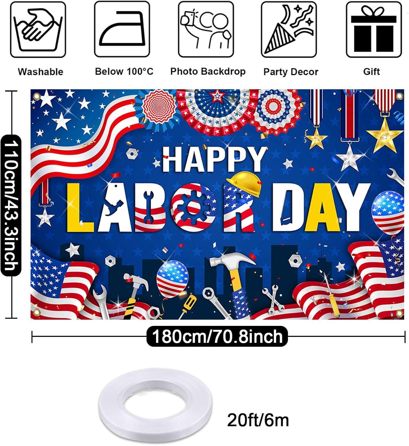 Happy Labor Day Backdrop Banner, American Flag Photo Background, Patriotic Party Decorations