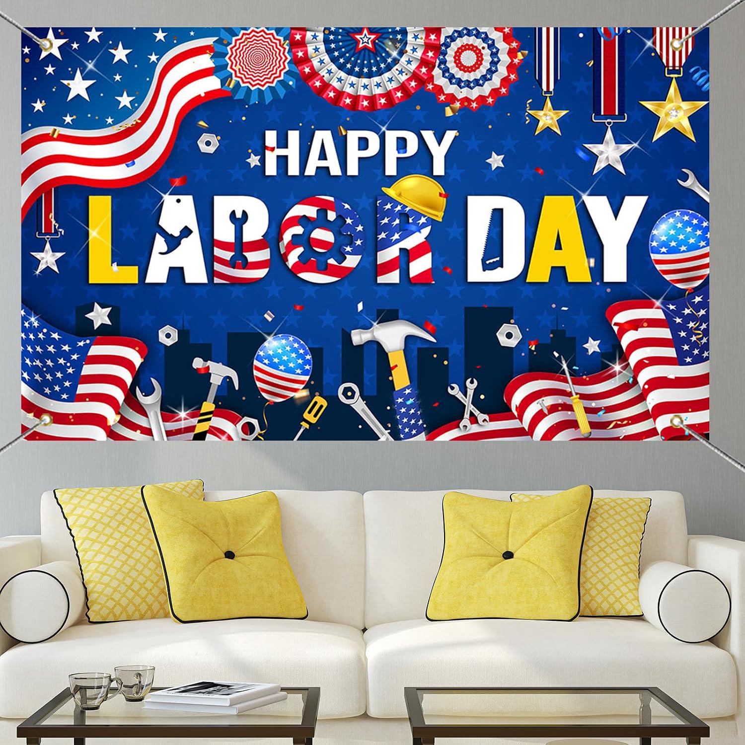 Happy Labor Day Backdrop Banner, American Flag Photo Background, Patriotic Party Decorations