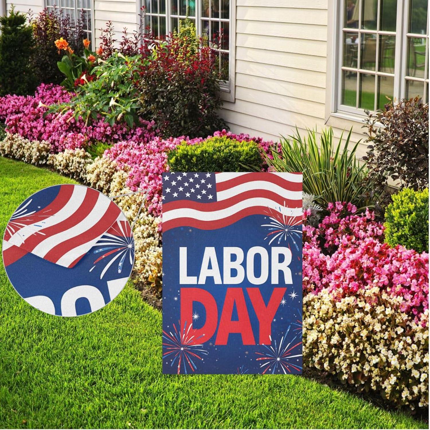 Happy Labor Day Garden Flag, 28x40 Double Sided Patriotic USA Fireworks House Flag for Yard Lawn Outdoor Holiday Decor