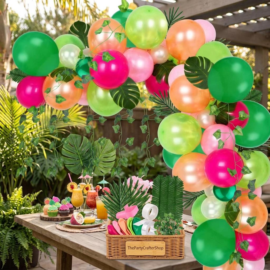 Tropical Balloon Garland Kit | Pink Green Arch, Palm Leaf Birthday Party Decorations