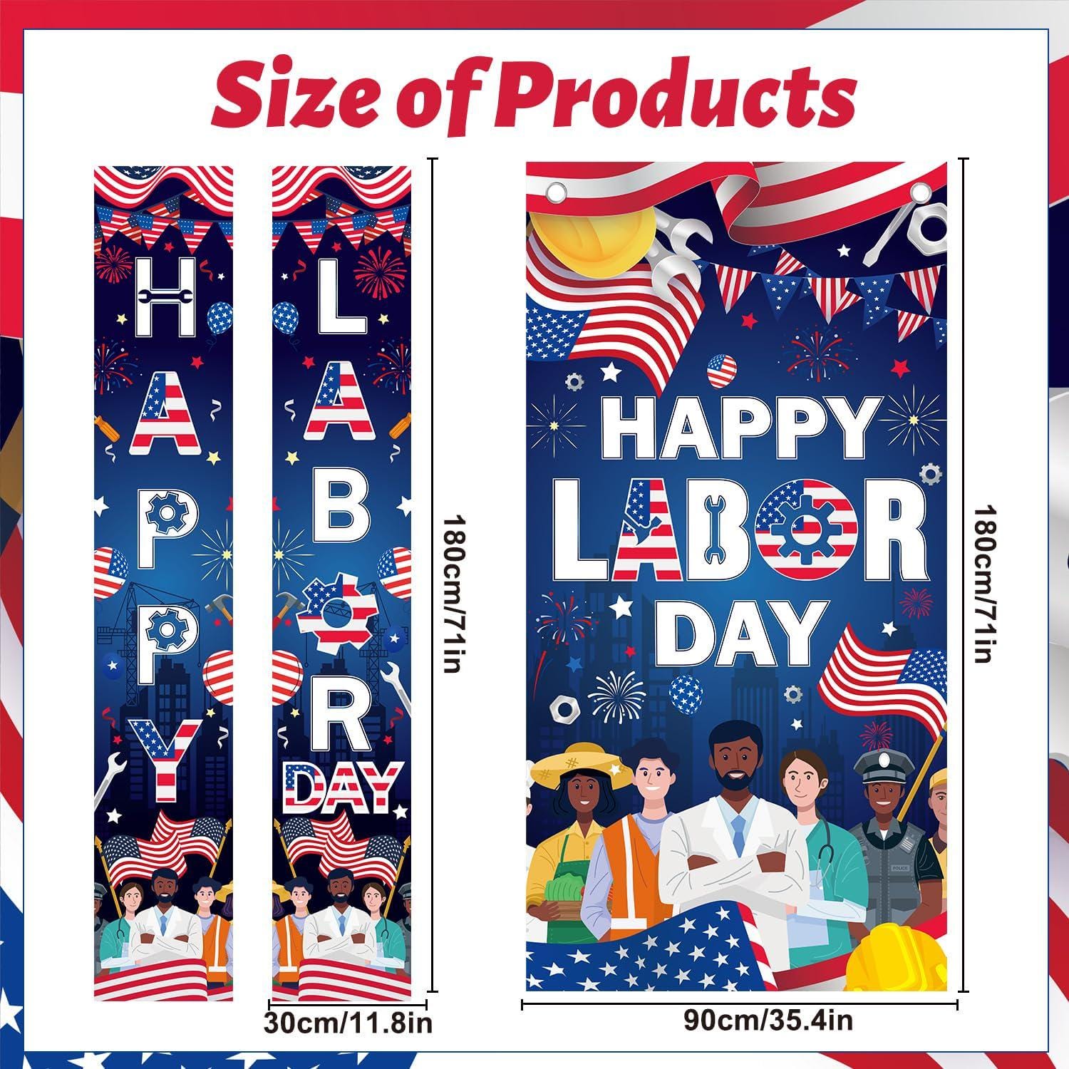 Labor Day Door Banner Set, Patriotic Worker Tools, American Flag Decor (3pc)