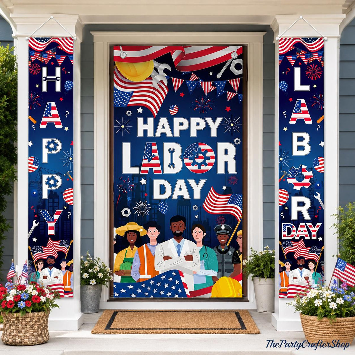 Labor Day Door Banner Set, Patriotic Worker Tools, American Flag Decor (3pc)