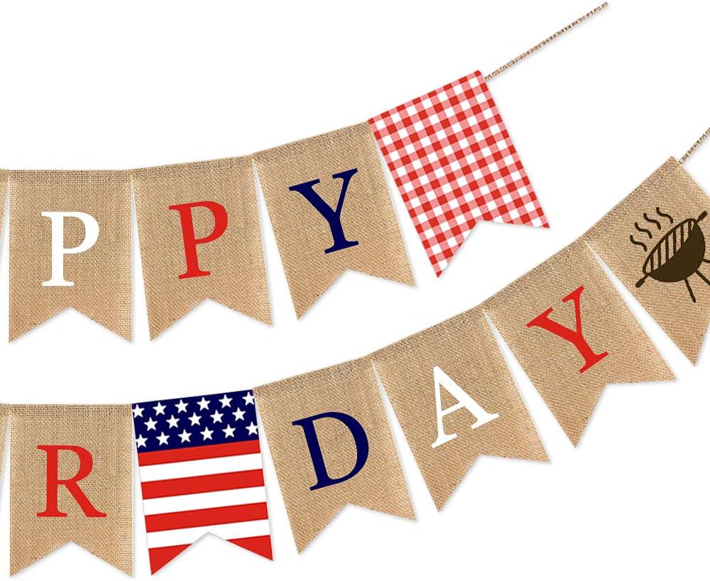 Burlap Happy Labor Day Banner, BBQ Grill Theme Garland, Party Decorations