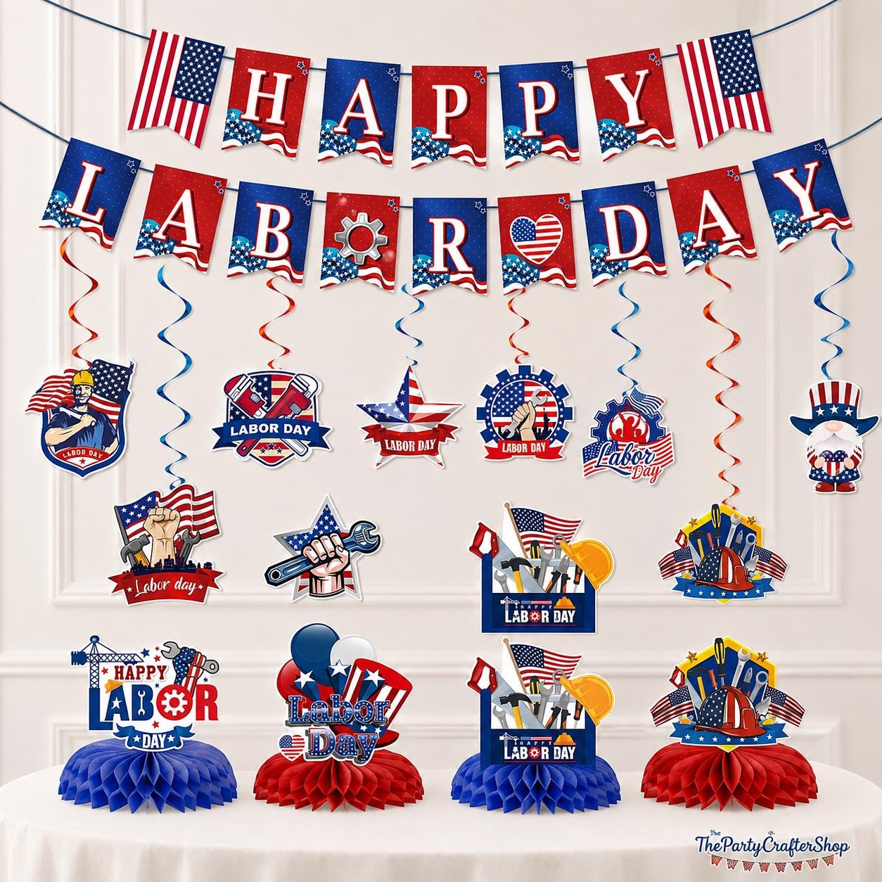 Happy Labor Day Decorations Set, Patriotic Banners, Swirls, Centerpieces, Red White Blue Party Decor