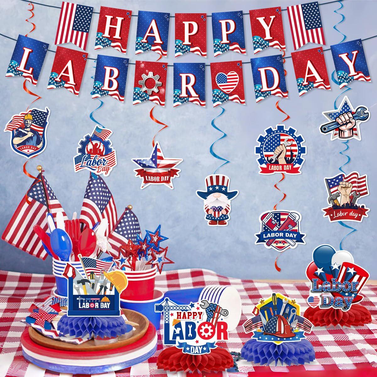 Happy Labor Day Decorations Set, Patriotic Banners, Swirls, Centerpieces, Red White Blue Party Decor