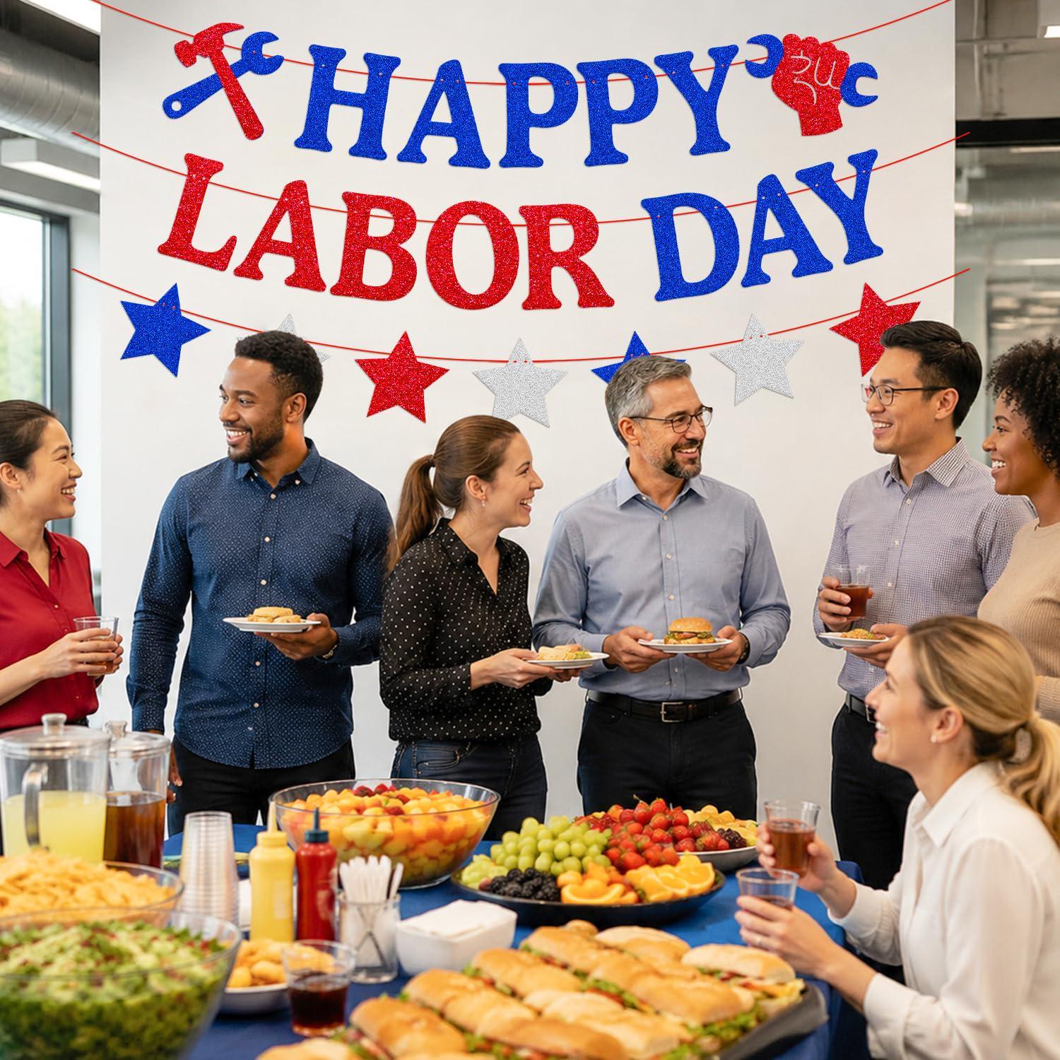 Happy Labor Day Banner, Patriotic Garland with Stars, Red White Blue Decor