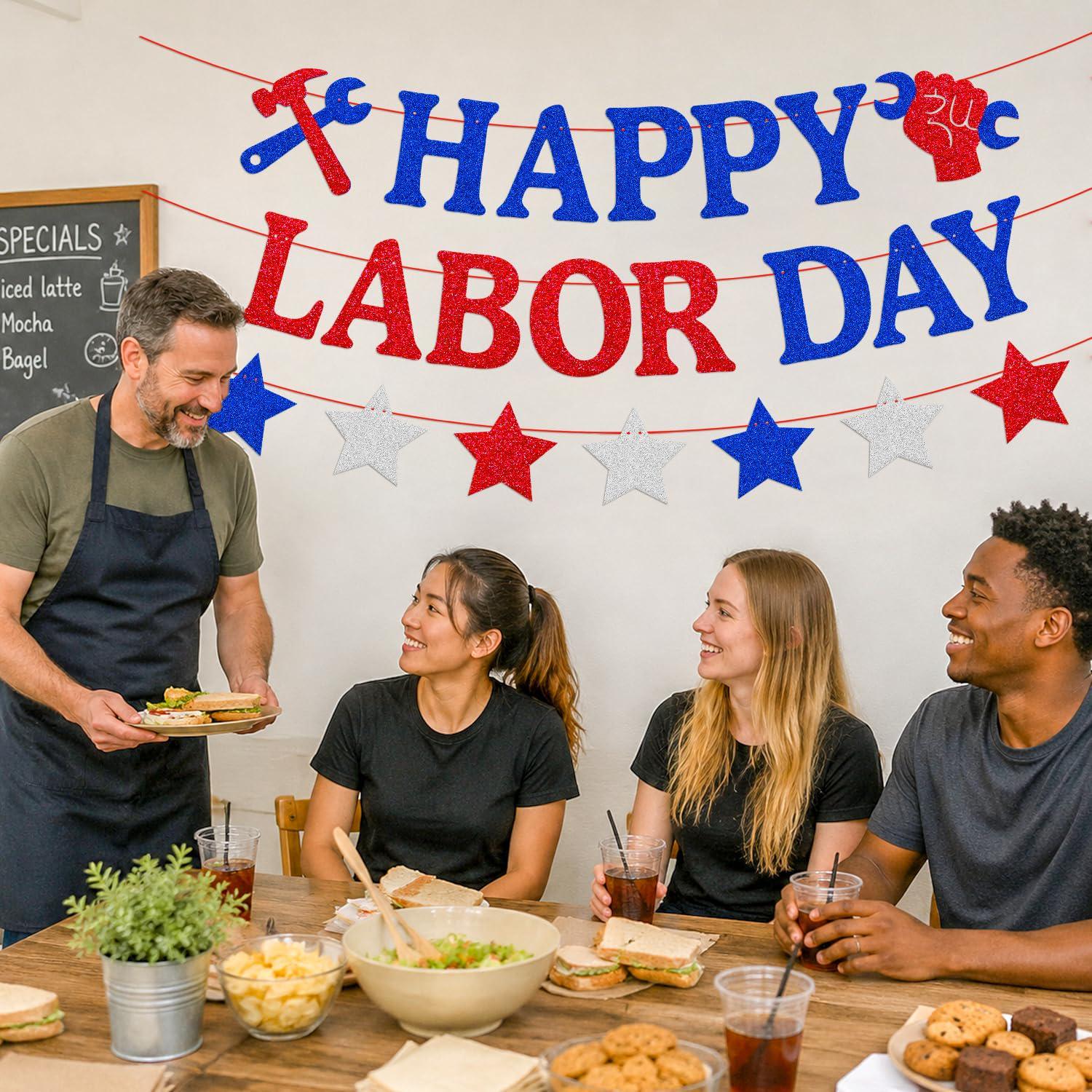 Happy Labor Day Banner, Patriotic Garland with Stars, Red White Blue Decor