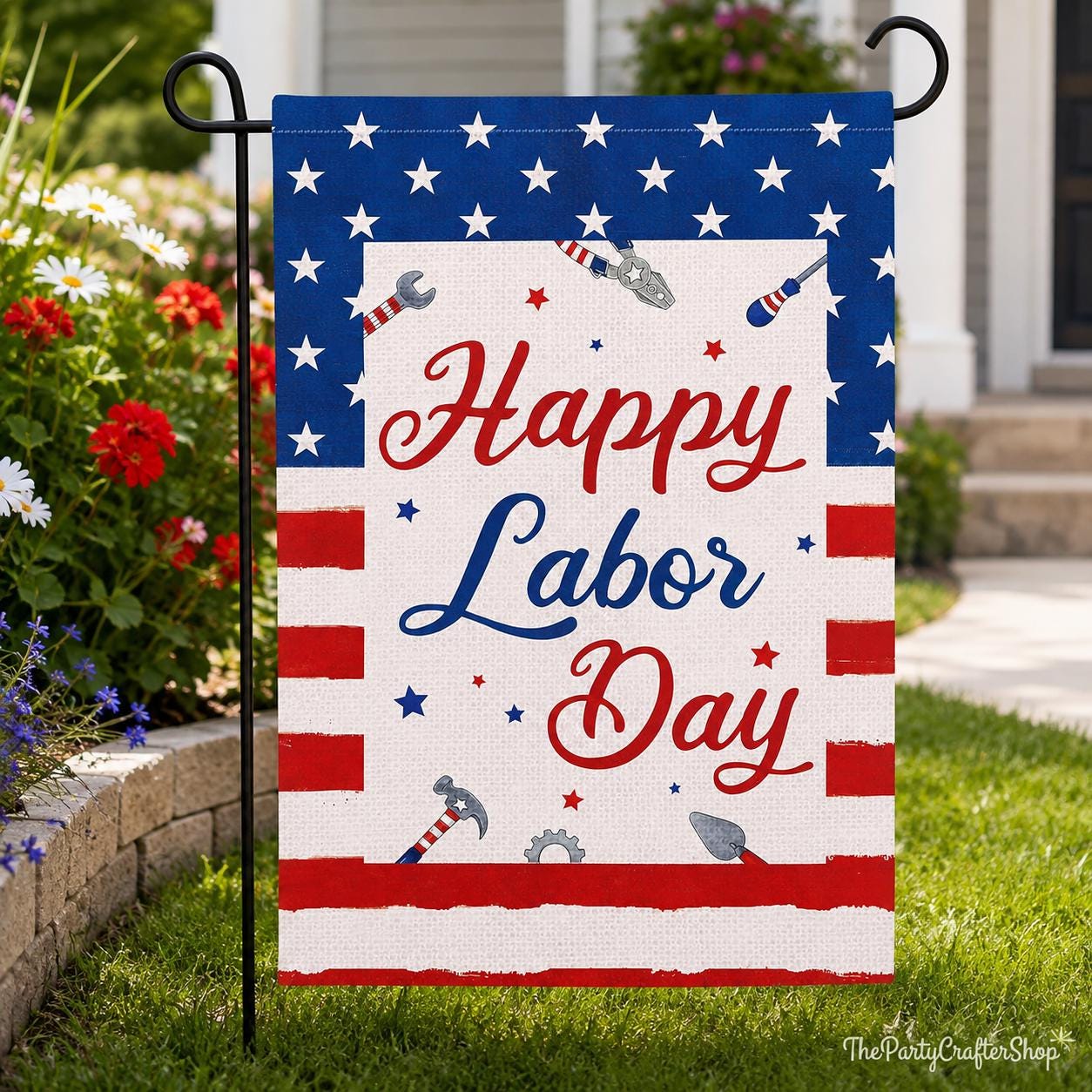 Happy Labor Day Garden Flag, Patriotic Tools, Stars Stripes (12x18)