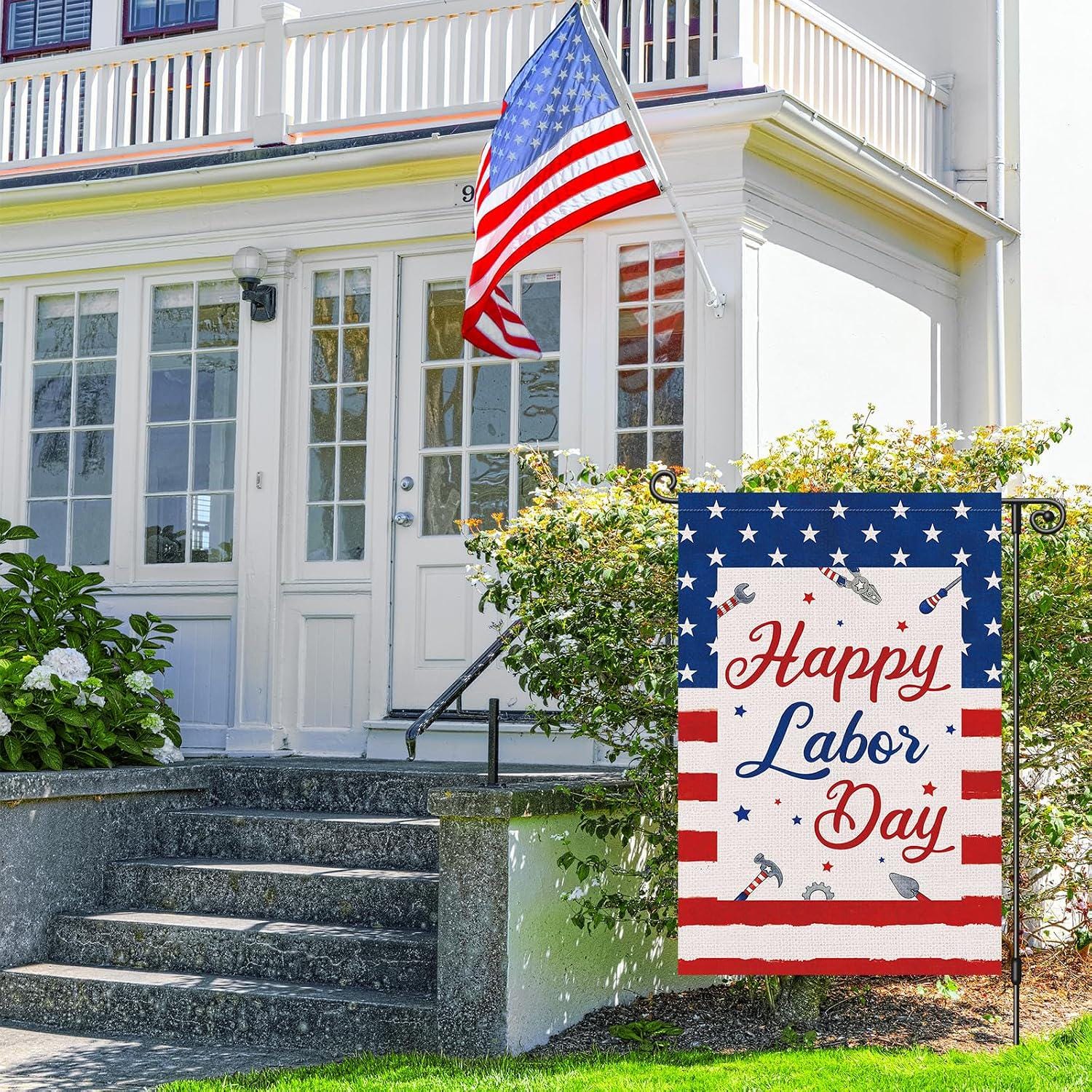 Happy Labor Day Garden Flag, Patriotic Tools, Stars Stripes (12x18)