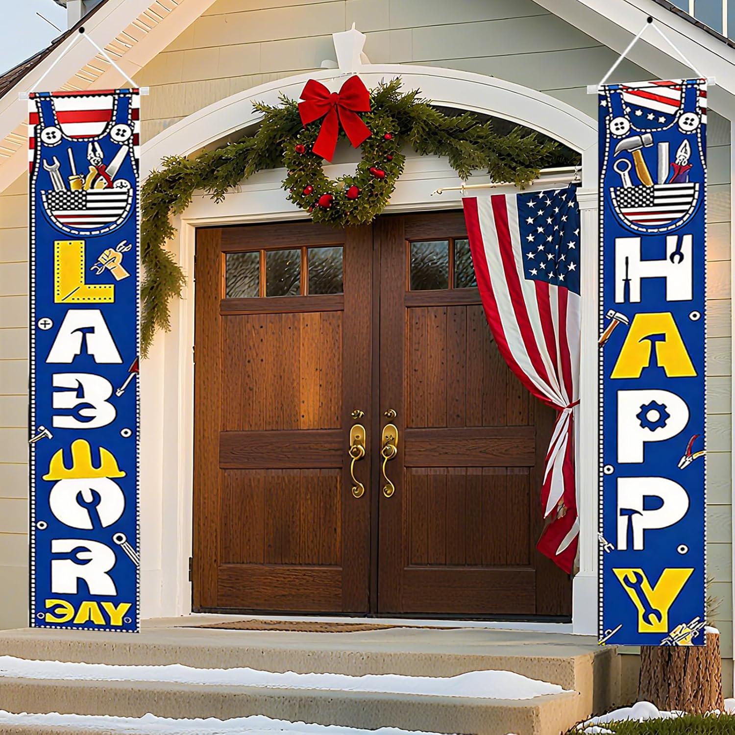 Happy Labor Day Porch Banner, Patriotic Tool Decor Sign