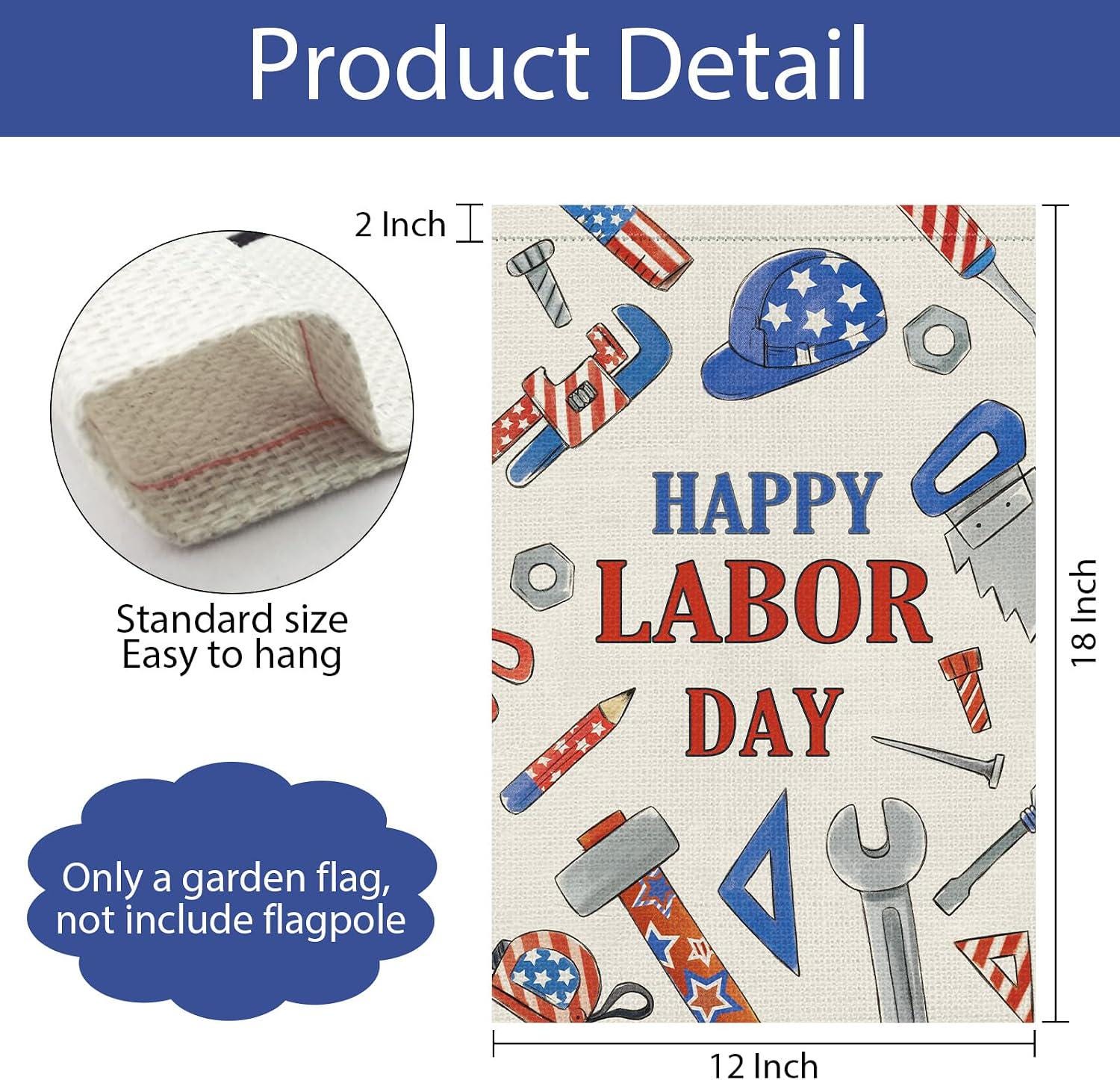 Happy Labor Day Burlap Garden Flag, Tools USA Decor (12x18 Inch)