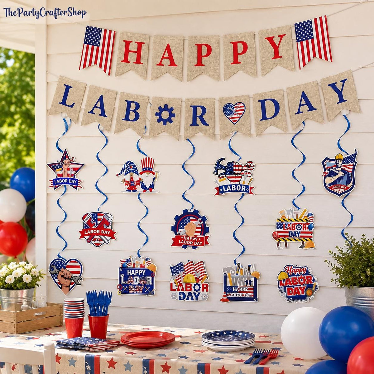 26pc Labor Day Decorations Set, Red White Blue Banner Swirls Patriotic Party Decor