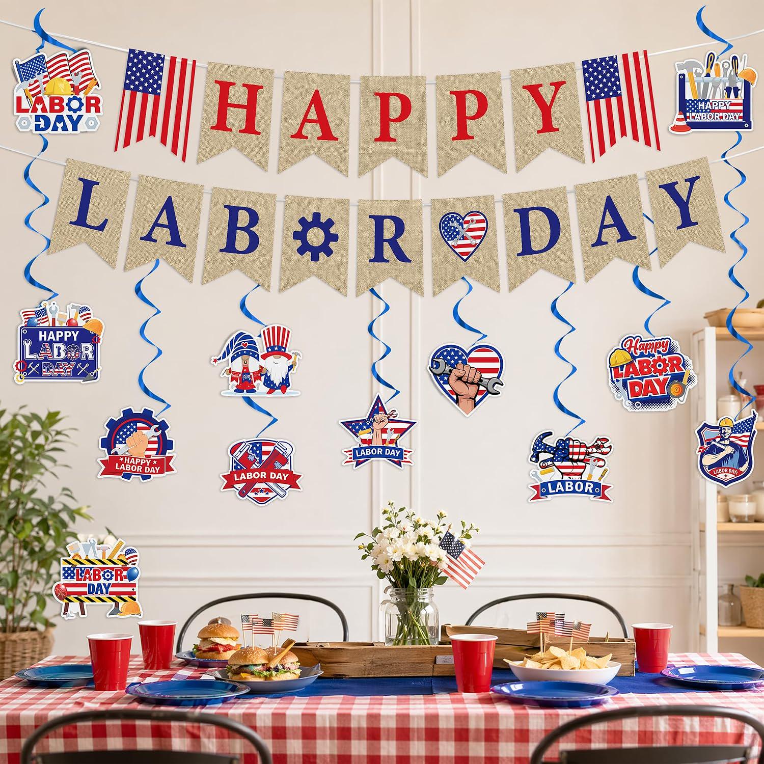 26pc Labor Day Decorations Set, Red White Blue Banner Swirls Patriotic Party Decor