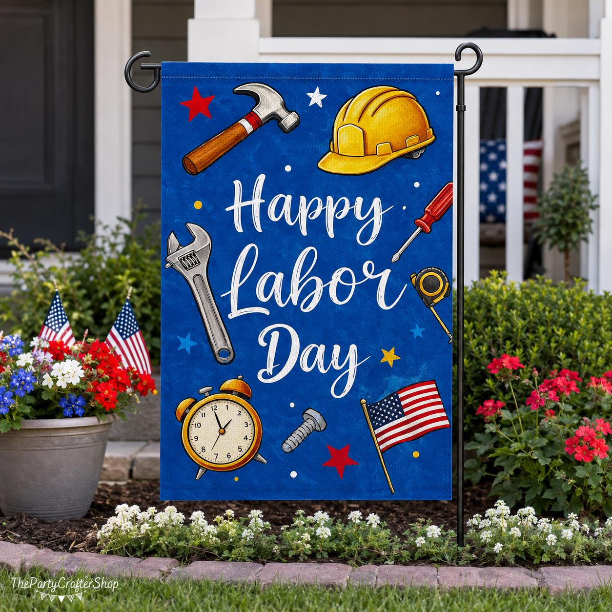 Happy Labor Day Garden Flag, Patriotic Tools, Double Sided Burlap Yard Decor