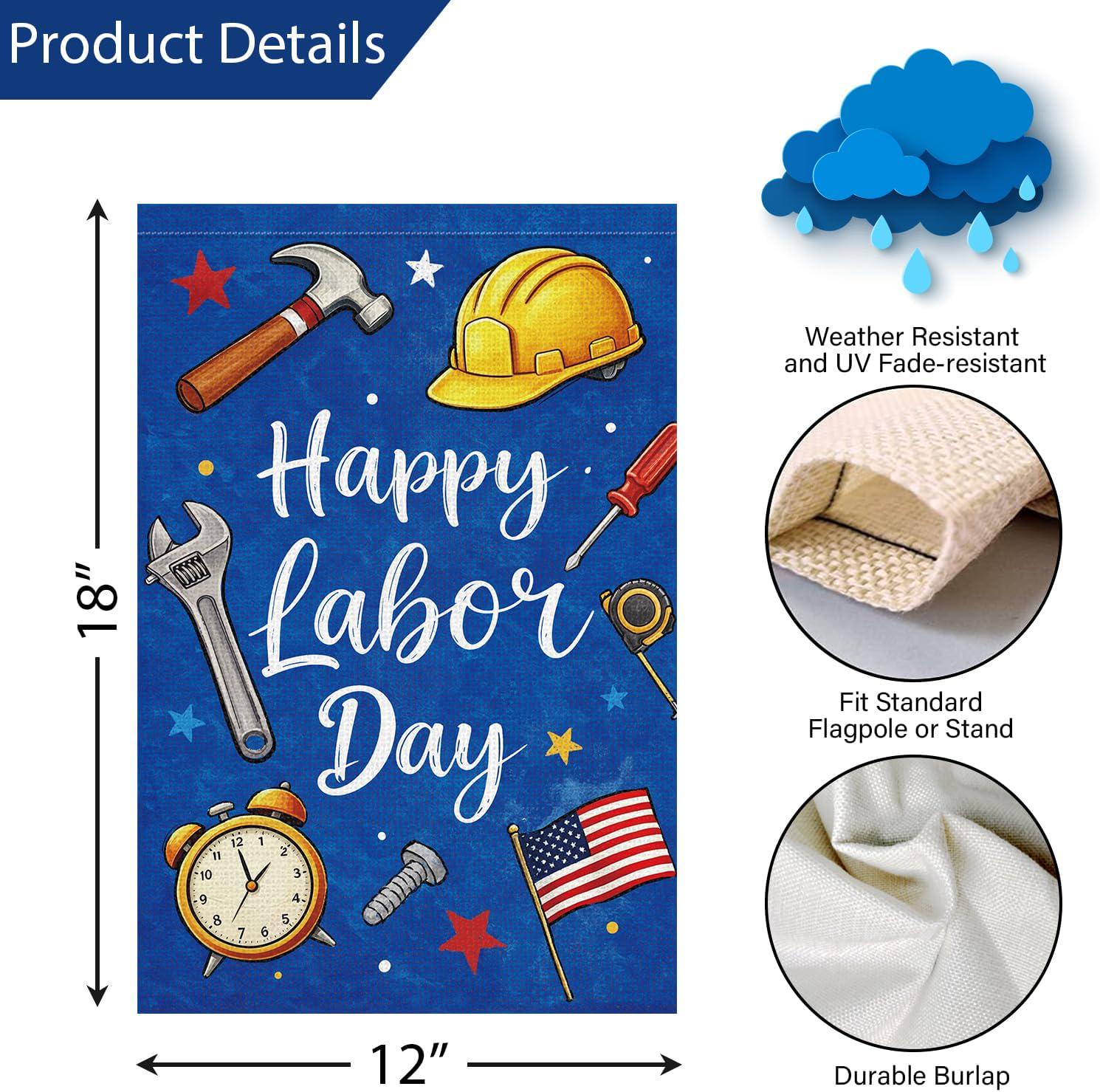 Happy Labor Day Garden Flag, Patriotic Tools, Double Sided Burlap Yard Decor
