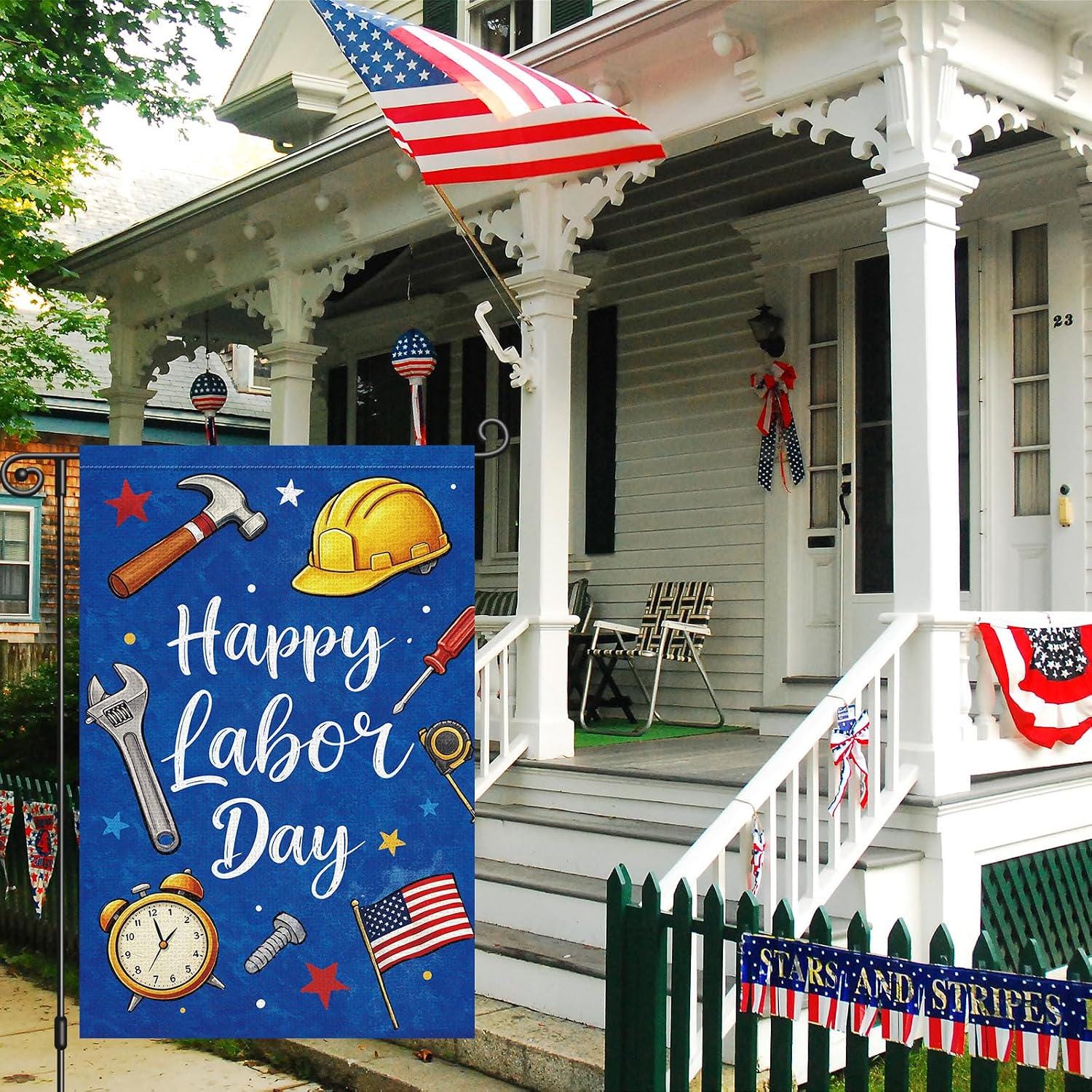 Happy Labor Day Garden Flag, Patriotic Tools, Double Sided Burlap Yard Decor