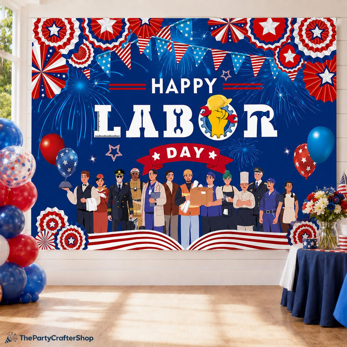 Happy Labor Day Backdrop Banner, Patriotic Worker Celebration Photo Background (7x5FT)