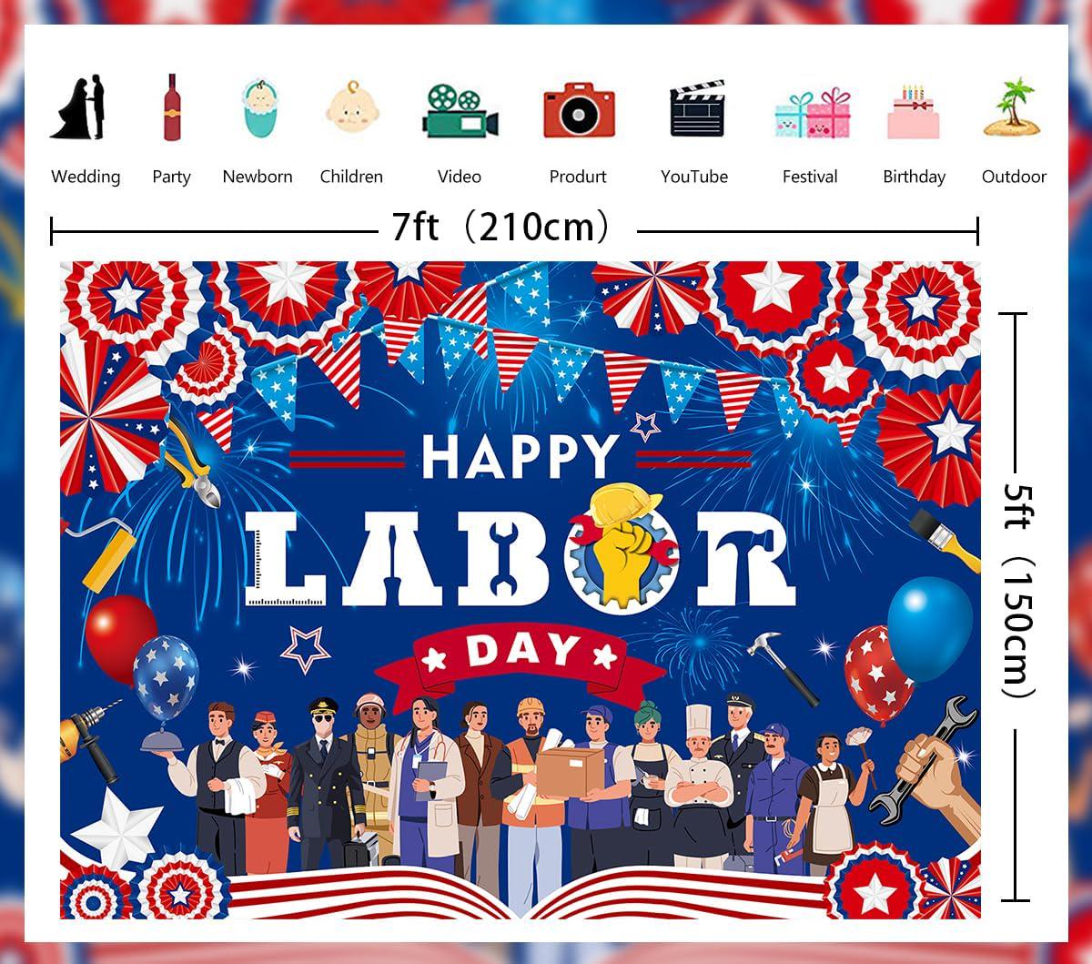 Happy Labor Day Backdrop Banner, Patriotic Worker Celebration Photo Background (7x5FT)