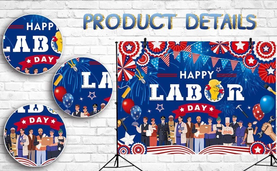 Happy Labor Day Backdrop Banner, Patriotic Worker Celebration Photo Background (7x5FT)