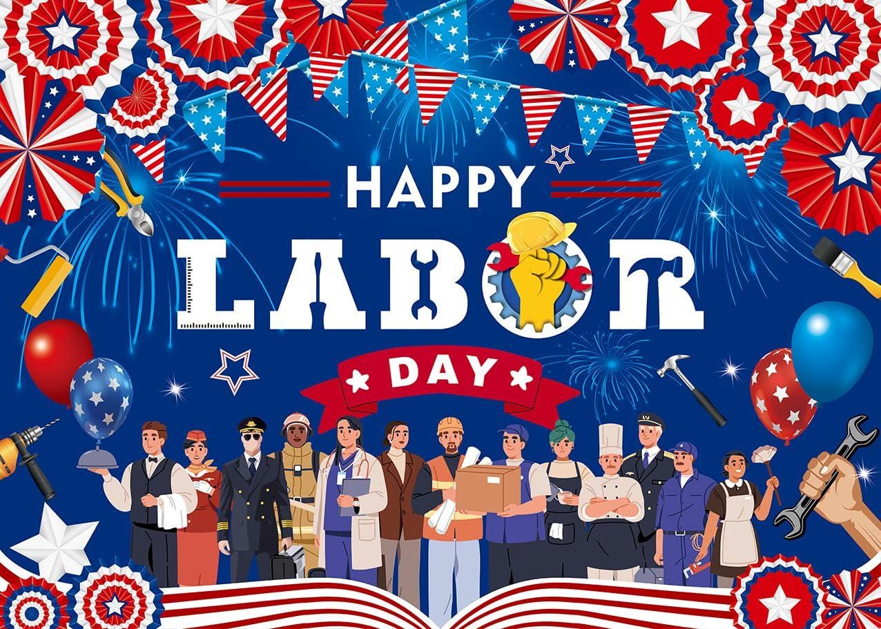 Happy Labor Day Backdrop Banner, Patriotic Worker Celebration Photo Background (7x5FT)