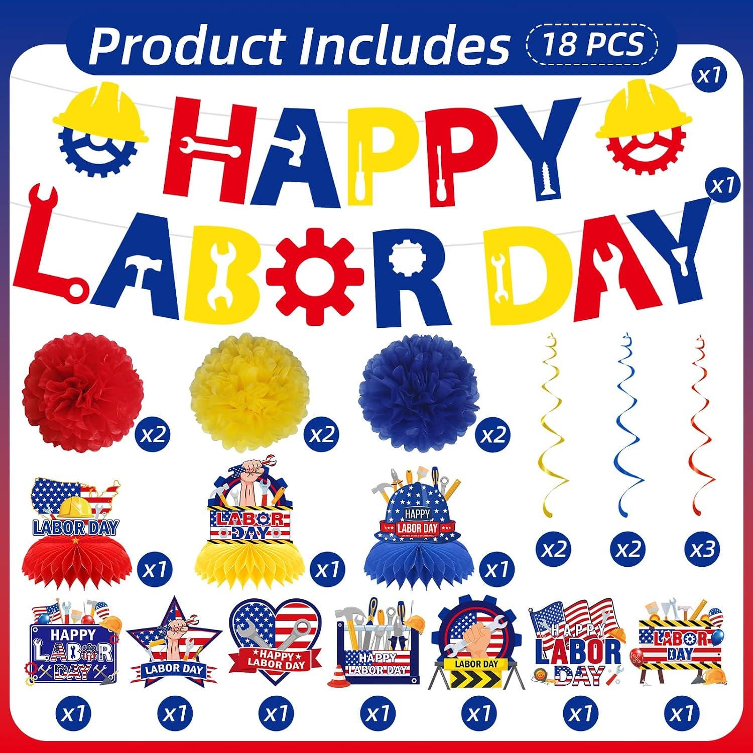 Patriotic Labor Day Party Decorations, American Banner Swirls Pom Poms Honeycomb Centerpieces