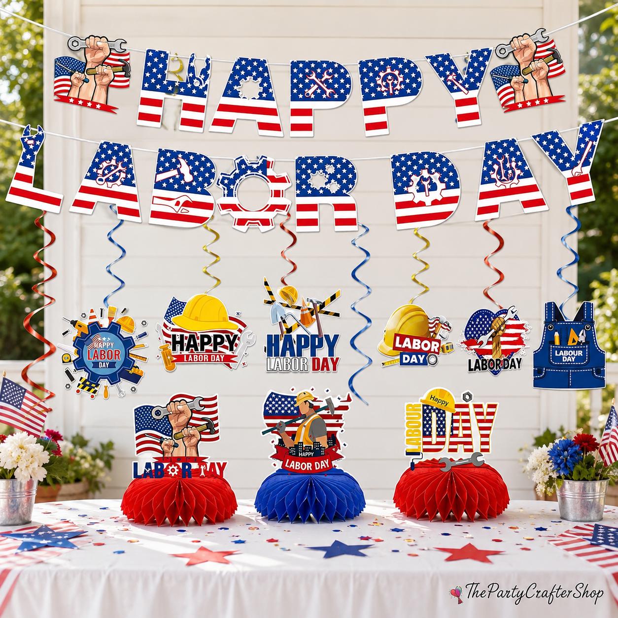 Patriotic Labor Day Decorations Set, Banner, Swirls, Honeycomb Centerpieces Party Decor