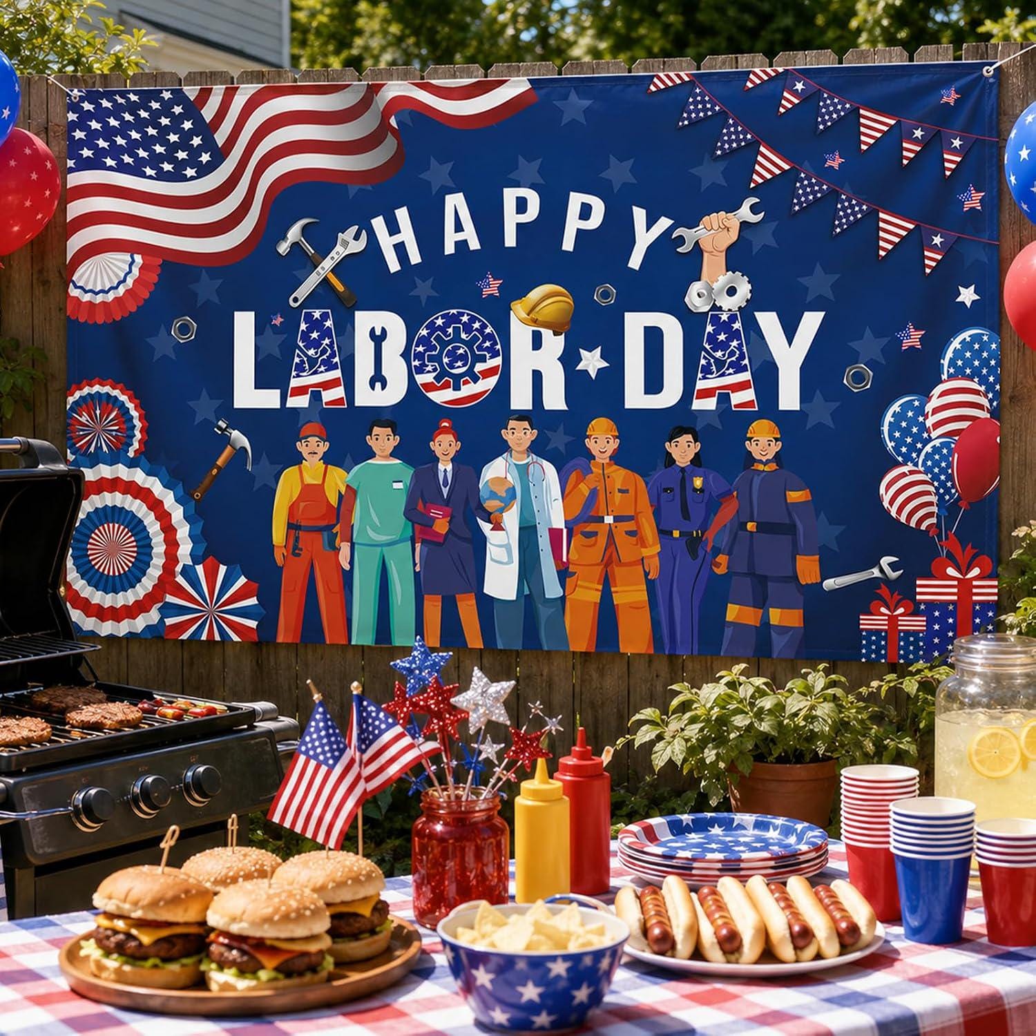 Labor Day Worker Celebration Backdrop, Patriotic Party Photo Background (71x43 Inch)