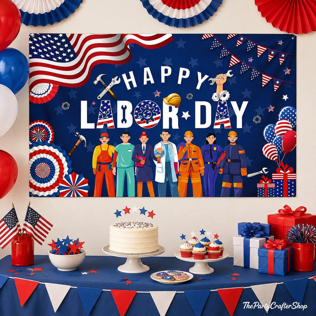 Labor Day Worker Celebration Backdrop, Patriotic Party Photo Background (71x43 Inch)