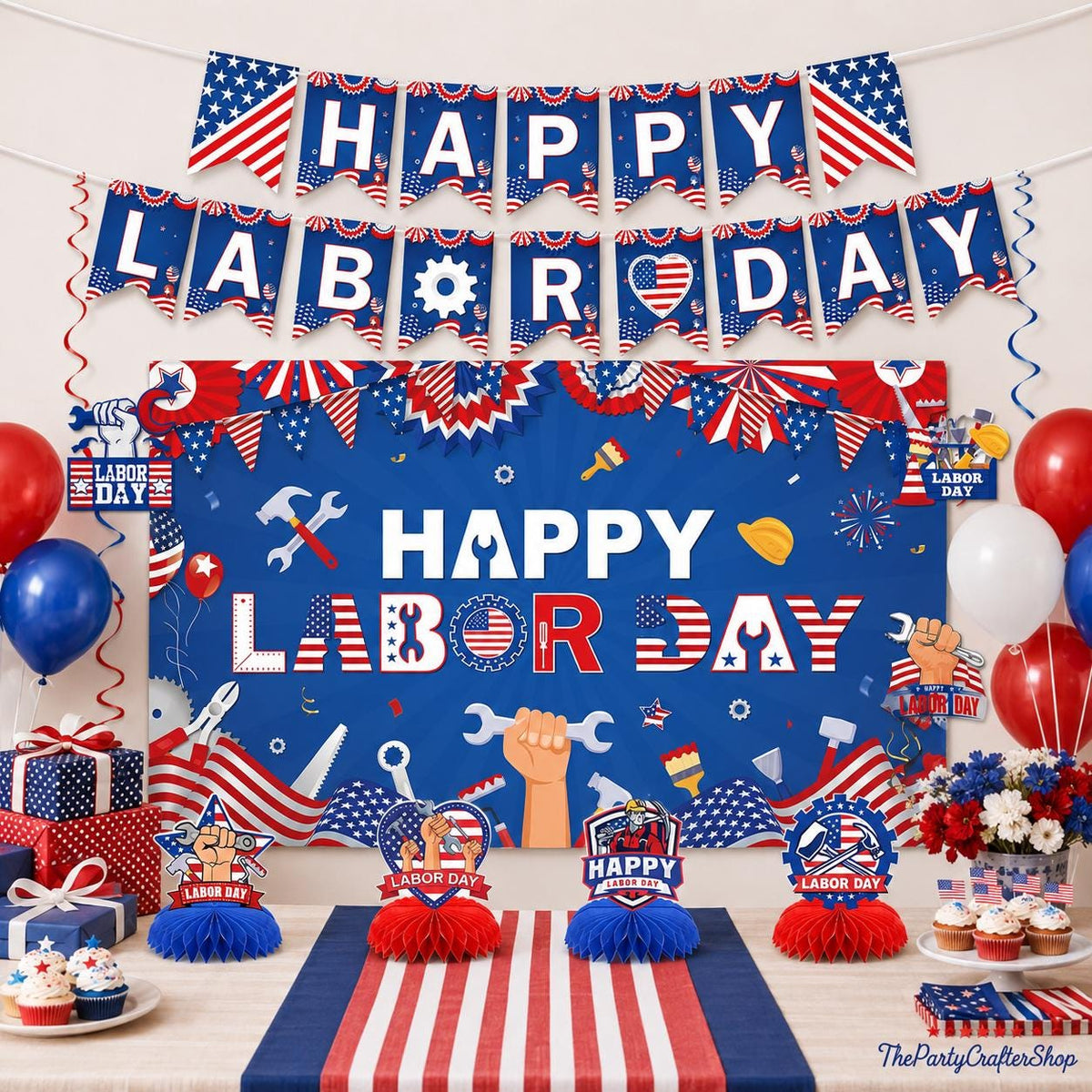 Patriotic Labor Day Party Decorations, USA Banner, Swirls, Honeycomb Centerpieces