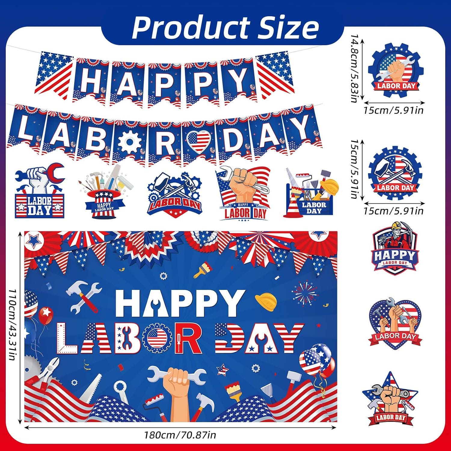 Patriotic Labor Day Party Decorations, USA Banner, Swirls, Honeycomb Centerpieces