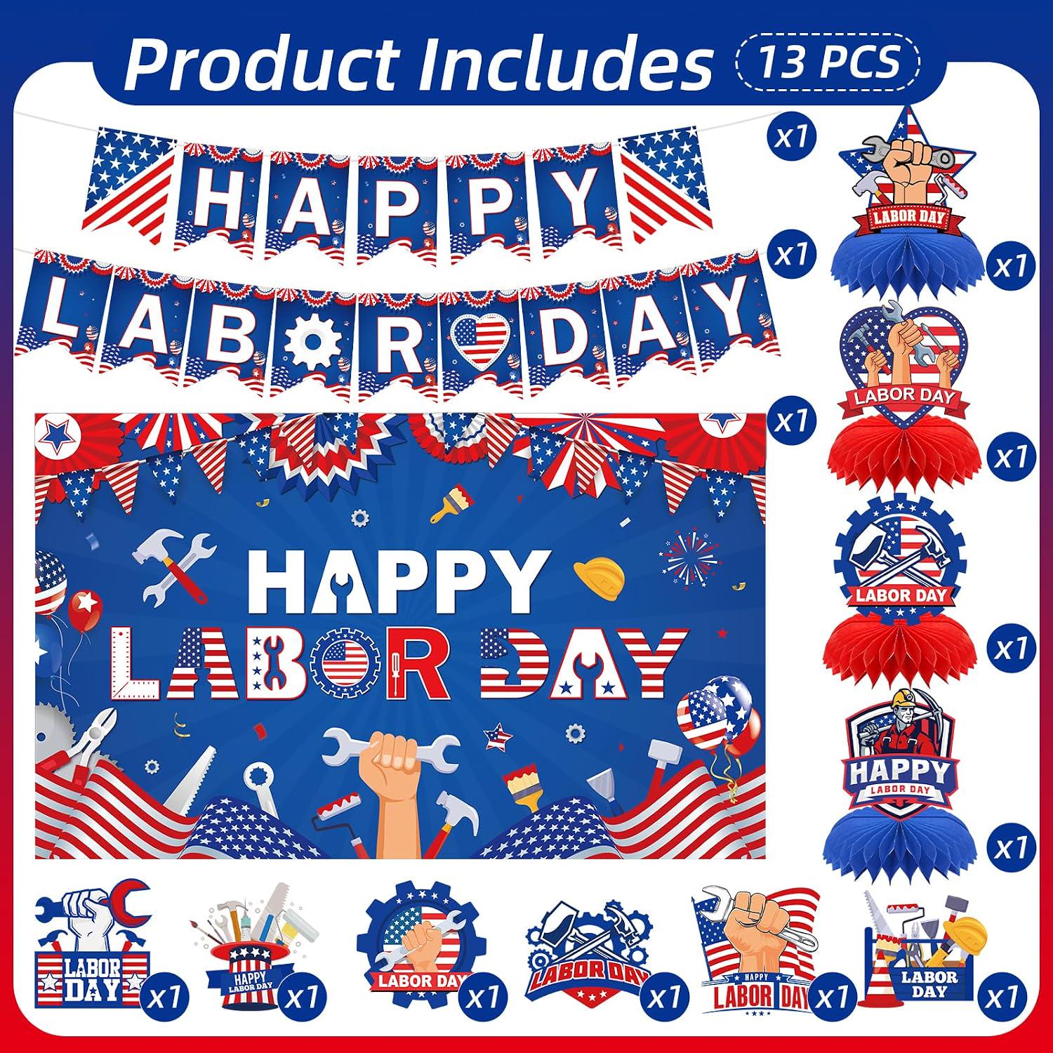 Patriotic Labor Day Party Decorations, USA Banner, Swirls, Honeycomb Centerpieces