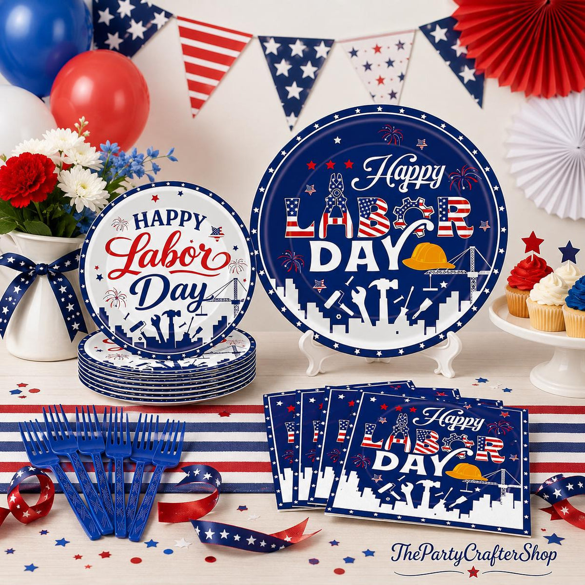 Labor Day Patriotic Tableware Set, Red White Blue Plates Napkins Forks (Serves 24)