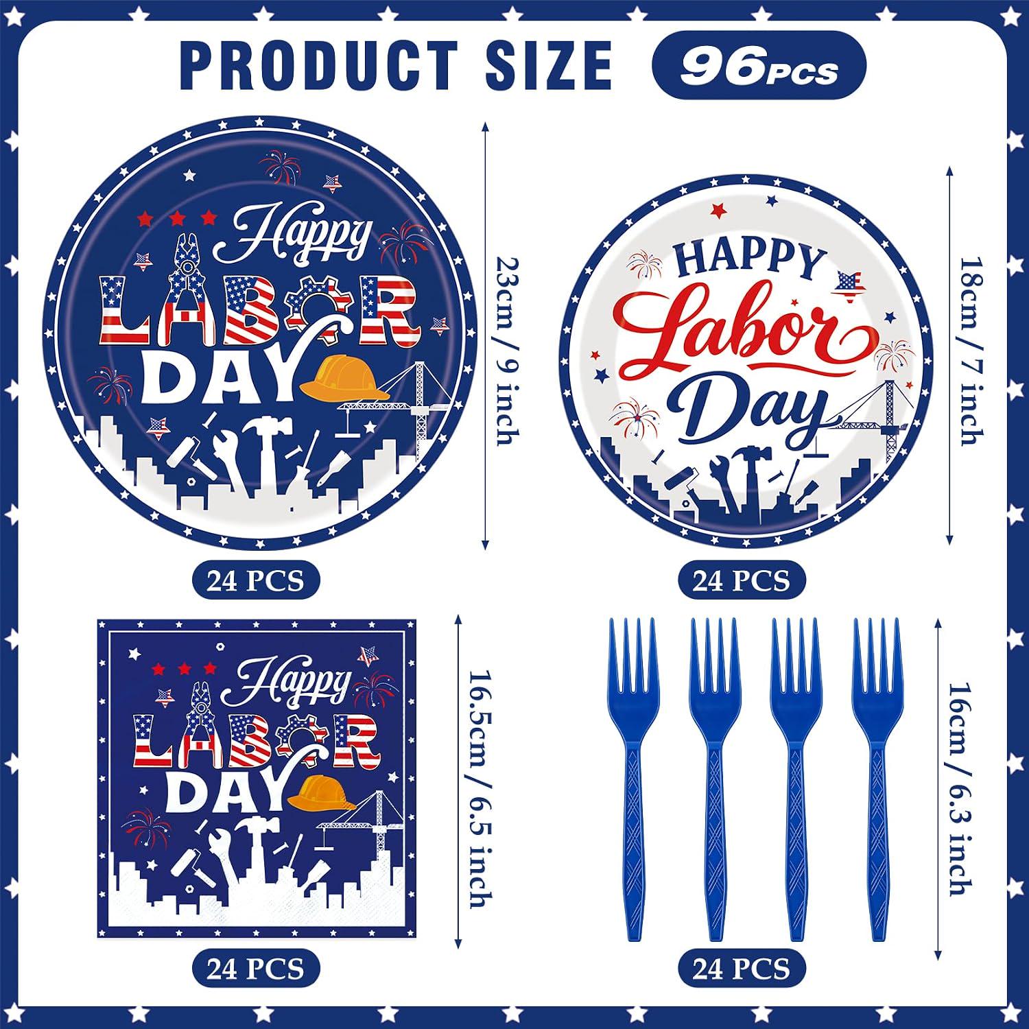 Labor Day Patriotic Tableware Set, Red White Blue Plates Napkins Forks (Serves 24)