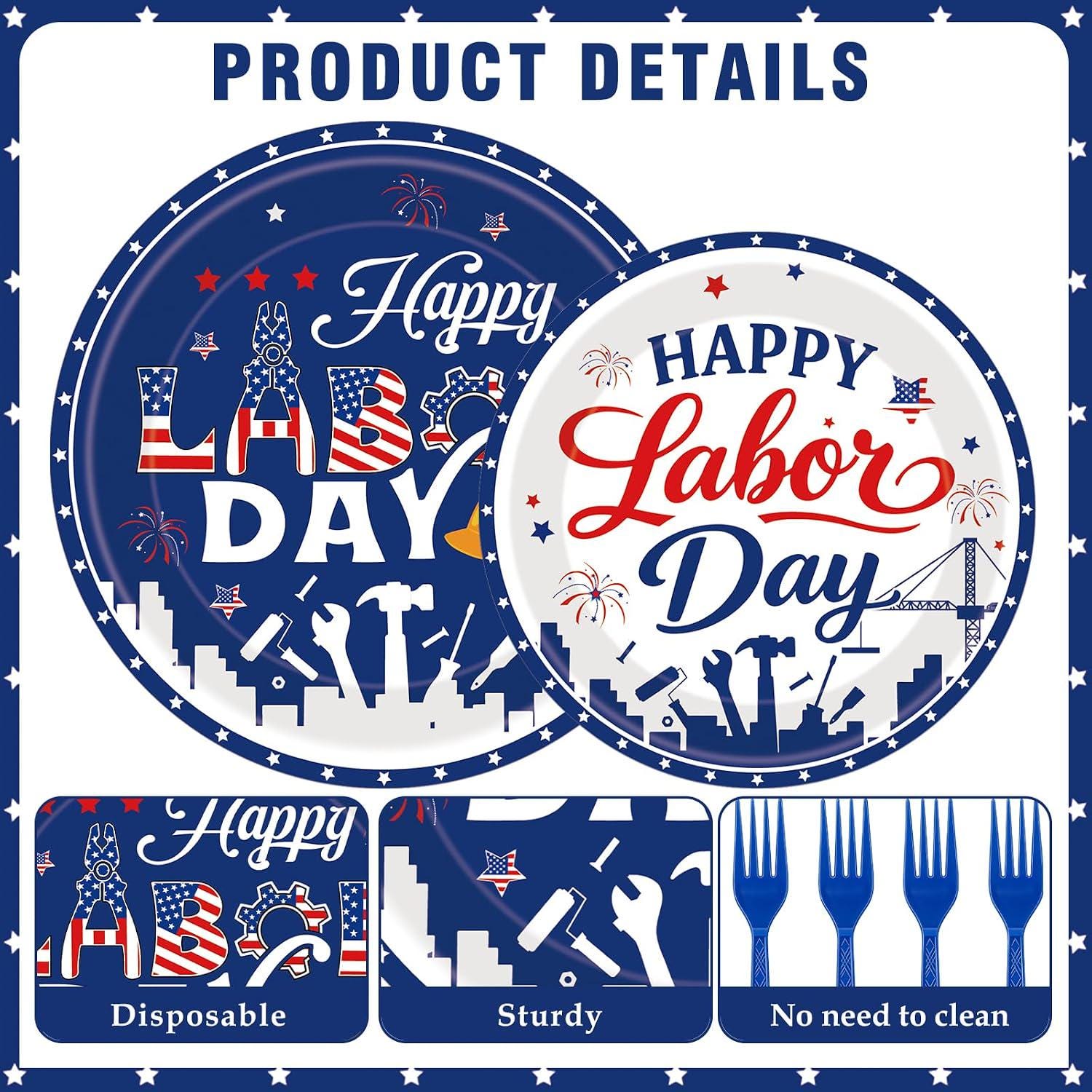 Labor Day Patriotic Tableware Set, Red White Blue Plates Napkins Forks (Serves 24)