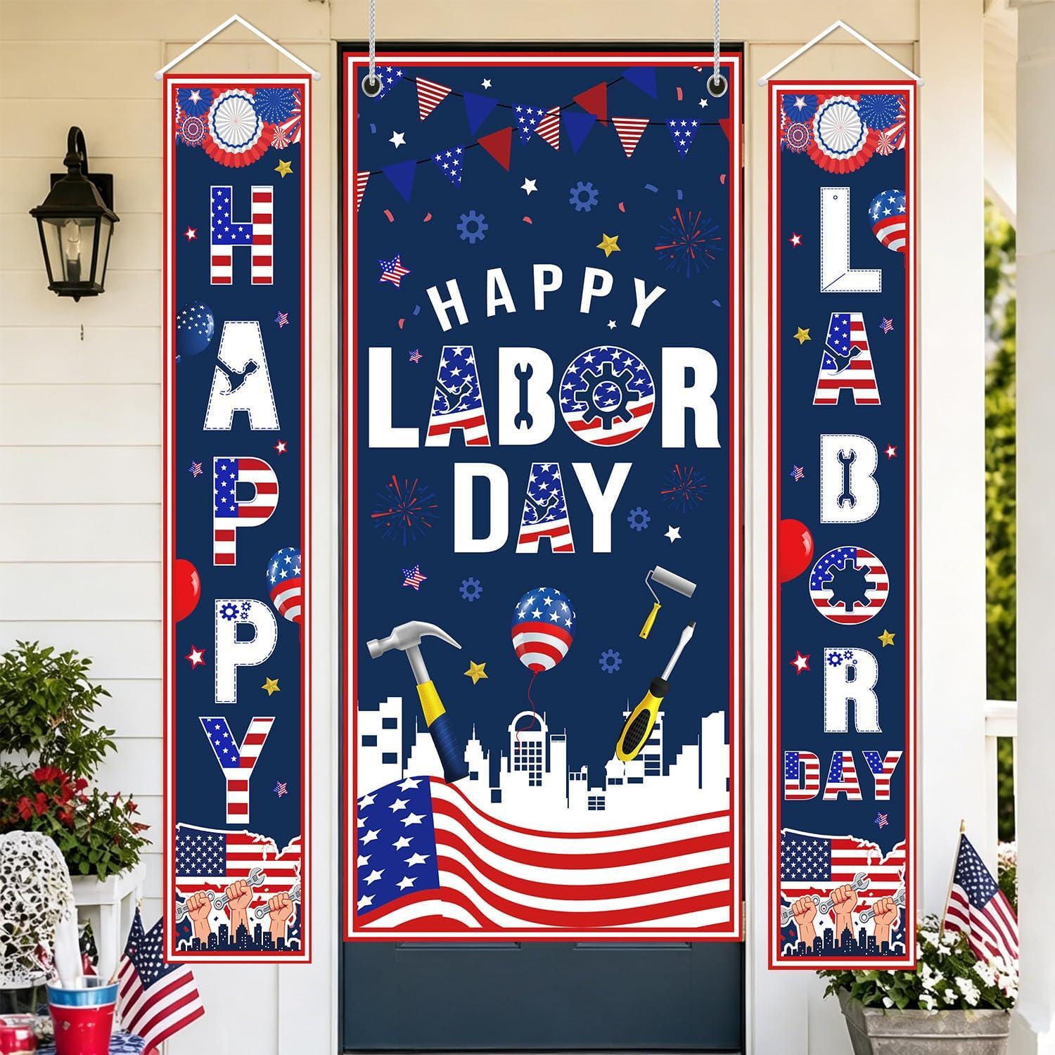 Happy Labor Day Patriotic Door Cover Banner, Porch Sign Decorations