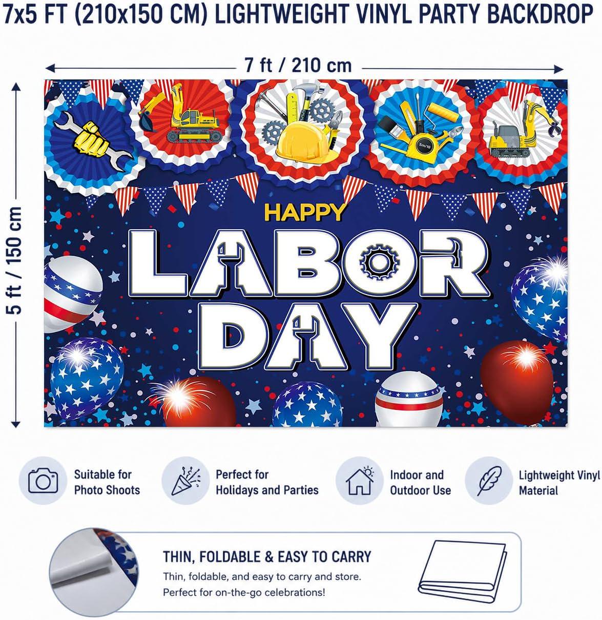 Happy Labor Day Backdrop, Patriotic Construction Tools Photo Booth Banner