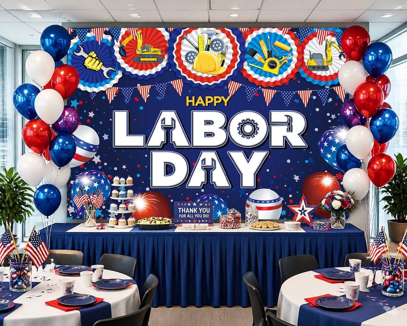 Happy Labor Day Backdrop, Patriotic Construction Tools Photo Booth Banner